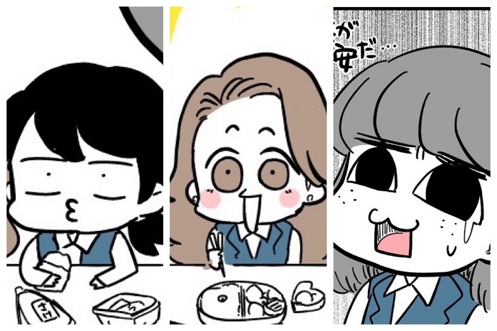 左から、だら先輩、ギャルちゃん、マユゲさん（漫画:若林杏樹）