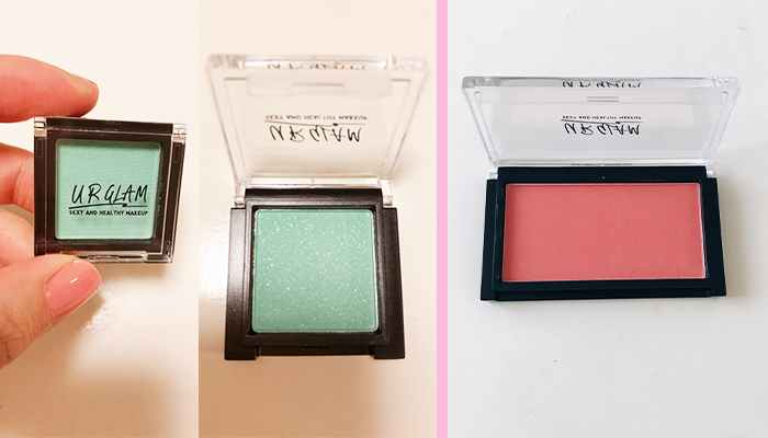 左：アイシャドウ（シャイニーグリーン） 、右：チークブラッシュ（ピンク） ／（写真:canちゃん）