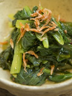 「小松菜マスタード炒め」干しエビとマスタードって合うんだ