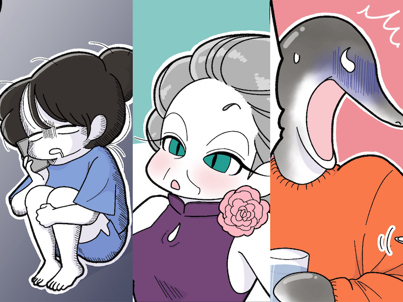 モジョ子、ママ、ウナギ坂さん（漫画:おくげちゃん）