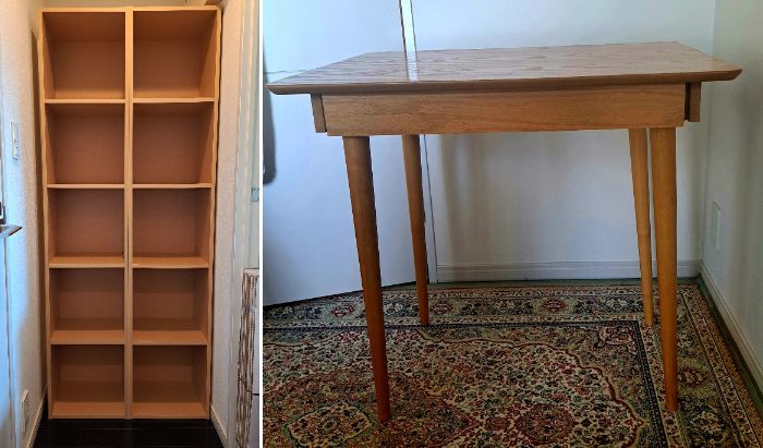 無印良品のパルプボードボックス（5段×2つ、写真左）とNOCEのダイニングテーブル（C）コクハク