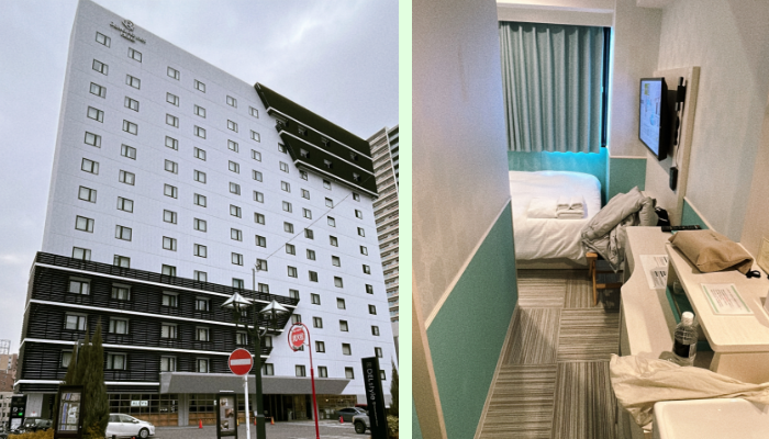 （左）ホテルの外観（右）荷物を置いた後の部屋の入り口からの様子（写真:canちゃん）