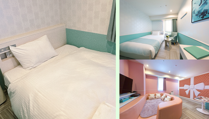 （左）実際に宿泊した部屋のベッド（写真:canちゃん）／（右上下）プレス素材画像